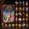Front view of a Super Mario Bros. 40th Anniversary Mushroom Kingdom 2026 Advent Calendar box with twenty-four hanging ornaments.