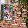 Front view of a Super Mario Christmas Advent Calendar box with holiday figurines displayed around it.