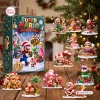 Front view of a Super Mario Christmas Advent Calendar box next to holiday character figurines.