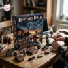 Front view of Hunters Road advent calendar 2026 box with miniature figures arranged on a wooden desk.