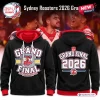 Front and back view of Sydney Roosters 2026 Grand Final black hoodie with red trim and graphics.