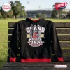 Front view of Sydney Roosters 2026 Grand Final Black Hoodie on a wooden bench.