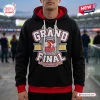 Front view of Sydney Roosters 2026 Grand Final Black Hoodie with red accents and a large sports graphic on the chest.