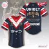 Front and back view of Sydney Roosters 2026 NRL Premiers Baseball Jersey in navy, red, and white.