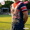 Person wearing Sydney Roosters 2026 NRL Premiership Shirt on a sports field.