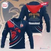 Front and back view of Sydney Roosters 2026 Premiers Hoodie with red and white rooster graphics.
