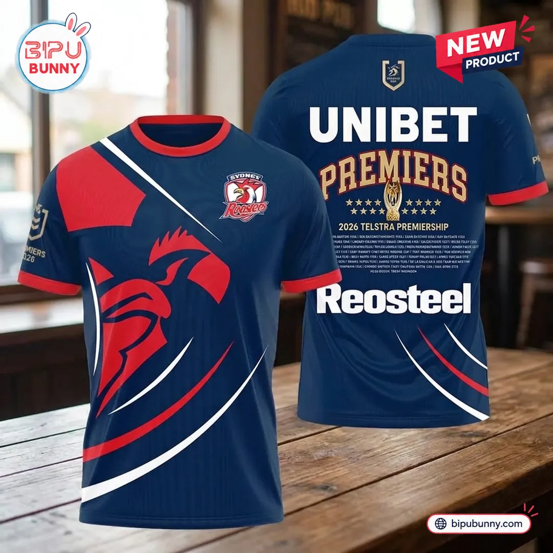 Front and back view of Sydney Roosters 2026 Premiers sports jersey featuring team colors and logos.