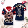 Front and back views of a blue and red Sydney Roosters 2026 Premiers rugby hoodie featuring player graphics.