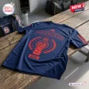 Flat lay of the Sydney Roosters 2026 Premiers Rugby Shirt in navy blue with red graphics.