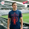 Front view of a man wearing a blue Sydney Roosters 2026 Premiers Rugby Shirt in a stadium.