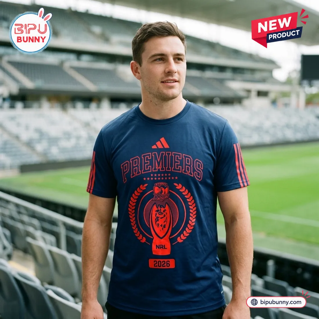 Stadium pitch-side view of the Sydney Roosters 2026 Premiers Rugby Shirt worn in a Standard US Fit short-sleeve crewneck cut