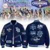 Front and back view of a blue and white Tampa Bay Rays 2026 World Series Baseball Jacket with embroidered patches.