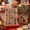 Man holding a plastic tray of miniature figures next to the Templar Knight Resin Advent Calendar 2026 box.