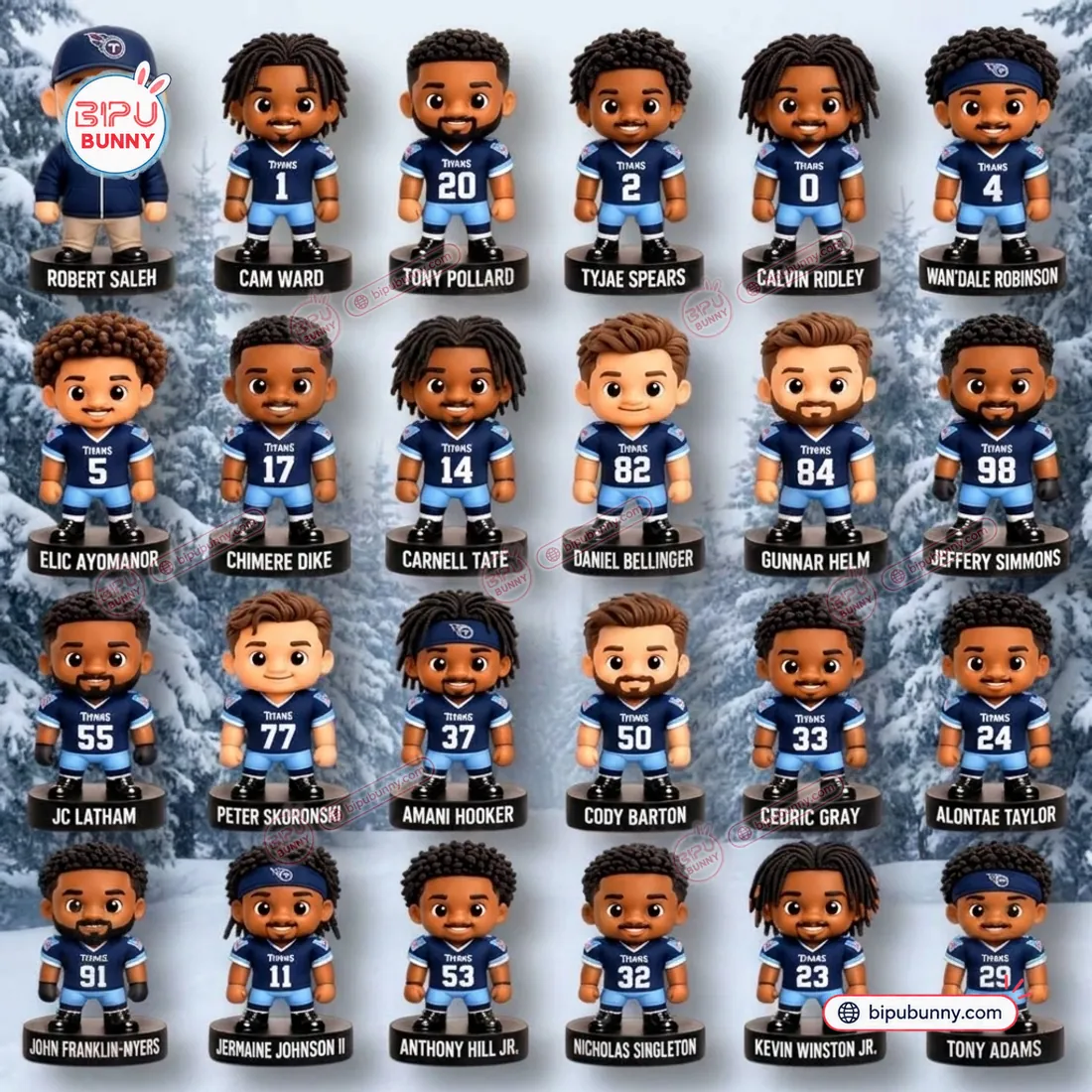 Complete 24-piece Tennessee Titans Advent Calendar 3D chibi player and coach figurine grid on circular black nameplate bases