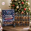 Front view of Tennessee Titans advent calendar box with 19 player figurines arranged nearby.