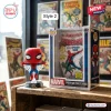 Front view of The Amazing Spider-Man 65th Anniversary Vinyl Figure standing next to its retail box.