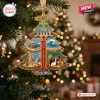 Front view of The Beach Boys 65th Anniversary Christmas Ornament hanging on a lit pine tree.