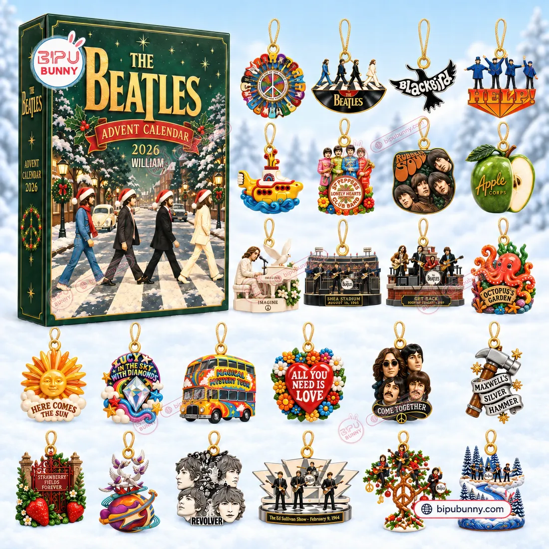 The Beatles Christmas Advent Calendar 2026 box beside miniature hanging ornaments for Sgt. Pepper, Yellow Submarine, Abbey Road, Help, and Shea Stadium