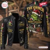 Front and back view of The Grinch Holiday Mischief Leather Jacket featuring festive graphics and text.