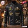 Front view of The Grinch Holiday Mischief Leather Jacket featuring character graphics and festive text.