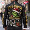 Back view of The Grinch Holiday Mischief Leather Jacket featuring a large green character graphic and winter village scene.
