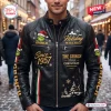 Front view of The Grinch Holiday Mischief Leather Jacket with festive graphics.