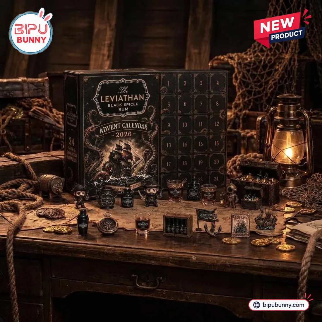 Front view of The Leviathan Black Spiced Rum 2026 Advent Calendar surrounded by nautical themed items on a wooden desk.