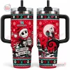 Front and back view of a red tumbler with a black handle, featuring holiday graphics and text reading Sorta Merry Sorta Spooky.