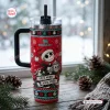 Front view of The Nightmare Before Christmas Stanley Tumbler with red holiday pattern and Sorta Merry text.