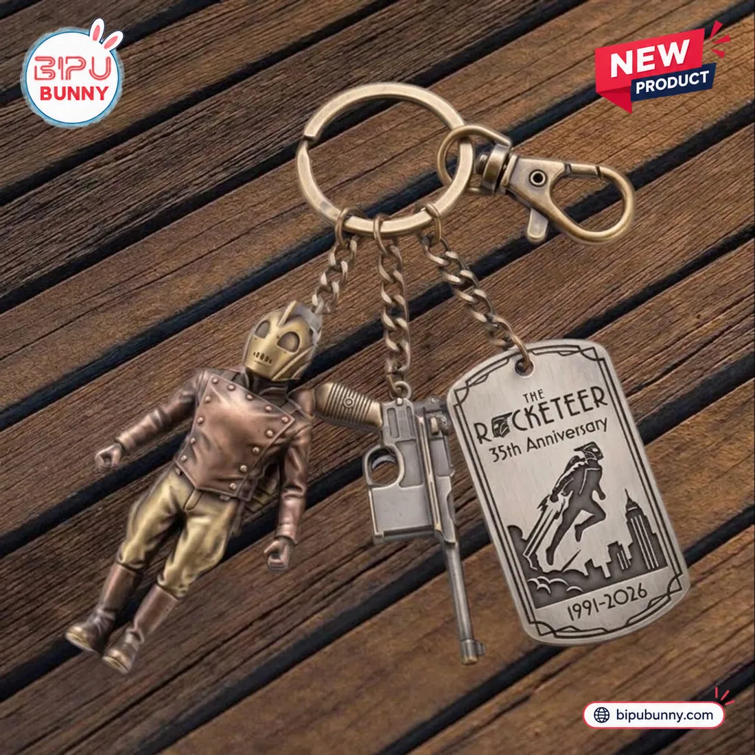 Detailed close-up of The Rocketeer 35th anniversary keychain metallic pendant