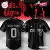 Front and back view of a black baseball jersey with Zero text and band graphics.