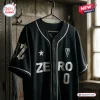 Front view of The Smashing Pumpkins Rats In A Cage Tour black baseball jersey hanging on a hanger.