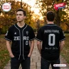 Front and back views of a man wearing a black Smashing Pumpkins Zero baseball jersey in an outdoor park setting.