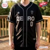 Front view of The Smashing Pumpkins Zero baseball jersey in black with silver text and piping.