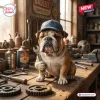 Front view of The Vintage Garage Bulldog Advent Calendar featuring a bulldog wearing a cap and holding a wrench in a workshop.