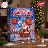 Front view of The Year Without A Santa Claus Advent Calendar 2026 box with figurines displayed on wood table.