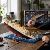 Angle view of the Titanic Sinking Ship Model Building Block Set on a blue ocean baseplate.