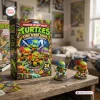 Front view of the TMNT Chibi Sewer Squad Advent Calendar box with two small character figures displayed on a wooden table.