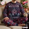 Front view of Tool Band Christmas sweater and jogger pants set with band members and festive patterns.