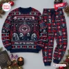 Front view of the Tool Band Christmas Sweater and Jogger Pants Set with red and blue festive holiday patterns.