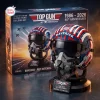 Perspective view of the Top Gun 40th Anniversary Helmet Building Set assembled on a display stand next to its box.