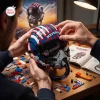 Close-up of hands assembling the Top Gun 40th Anniversary Helmet Building Set with scattered bricks on a wooden table.