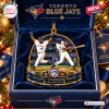 Front view of a Toronto Blue Jays Joe Carter Christmas Ornament inside a blue velvet box.