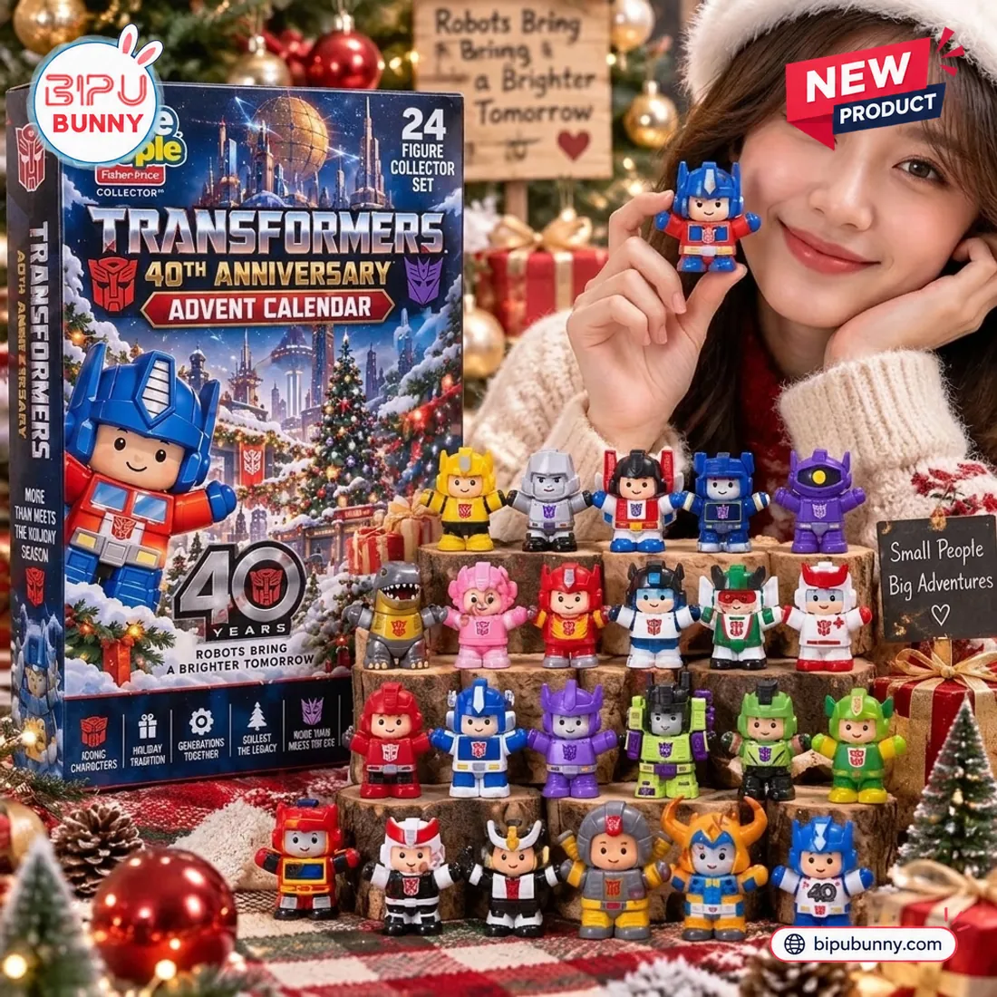 Front view of Transformers 40th Anniversary Collectible Advent Calendar with figures displayed on wooden blocks.