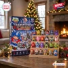 Front view of Transformers 40th Anniversary Collectible Advent Calendar with twenty-four small figures displayed on wooden tiers.