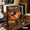 Angle view of the Travis Scott Advent Calendar box on a desk with small figurines displayed in front.