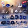 Flat lay view of UEFA Champions League 2026 Advent Calendar items including numbered miniature soccer themed collectibles.