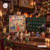 Front view of an Ugly Medieval Cats Advent Calendar with open box, numbered drawers, and figurines on a wooden table.