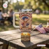 Front view of US 250th Anniversary 1776-2026 Tumbler with eagle and flag graphic on wooden picnic table.