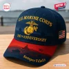 Front view of the US Marine Corps 250th Anniversary Baseball Cap in navy blue and red with gold embroidery.